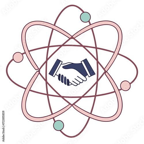 Handshake inside atom model symbolizing cooperation