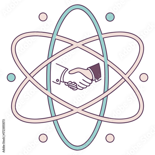 Handshake inside atom model representing partnership