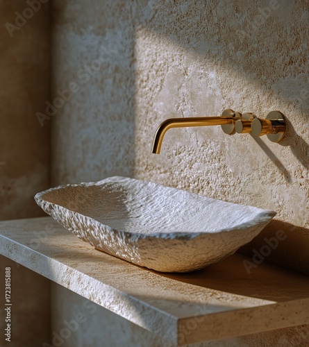 Elegant Bathroom Sink Design With Golden Faucet and Textured Bowl in Modern I...