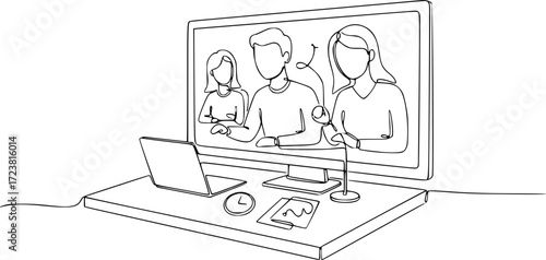 Team members participating in video call with laptop on desk  