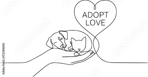 Line art of hand holding puppy and kitten with "Adopt Love" text  