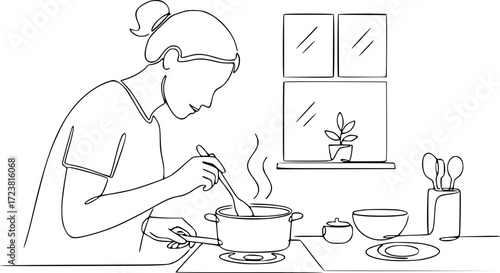 Woman cooking in kitchen while stirring pot on stove  