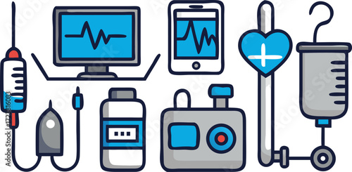 Medical technology, healthcare monitoring, and emergency equipment vector set.