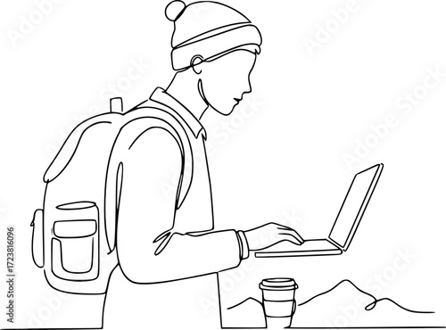 Young person working on laptop with backpack and coffee outdoors  