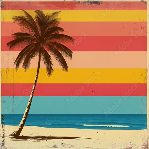 Vibrant Sunset Over a Calm Beach With a Lone Palm Tree.