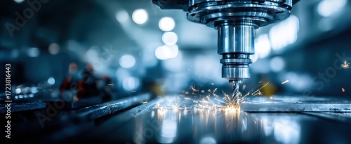 The CNC milling machine cutting steel plate with bright sparks in modern industrial workshop