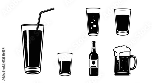 Illustration of various drinks including juice beer and wine in black ink