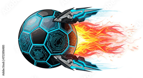 Stylized soccer ball with futuristic elements and fiery trail behind it
