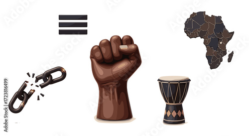 Illustration showing black power fist, africa map, drum, and broken chain