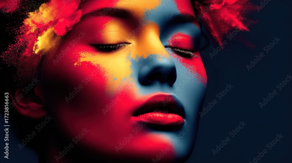 Fototapeta premium A woman's face is a canvas of colorful paint, evoking a sense of artistic beauty.