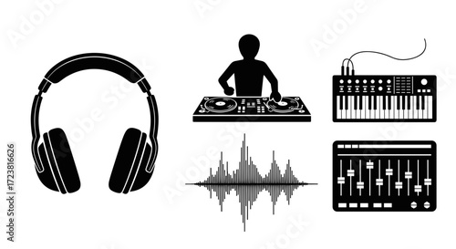 A dj setup featuring headphones turntable mixer keyboard and equalizer