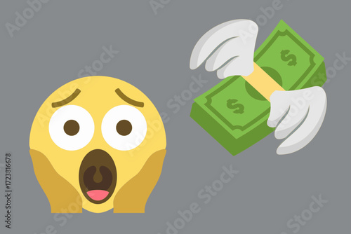 Illustration of shocked screaming emoji face with flying money on gray background. Concept of financial loss, wasted money, unexpected expenses, or economic crisis.