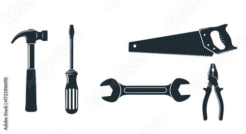 Illustration of assorted hand tools including hammer saw and screwdriver