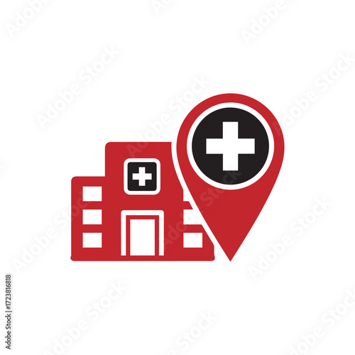 Hospital Building and Map Pointer Icon for Medical Location Search