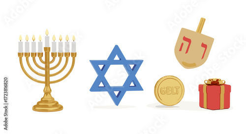 Hanukkah symbols including menorah star of david dreidel gelt and gift box