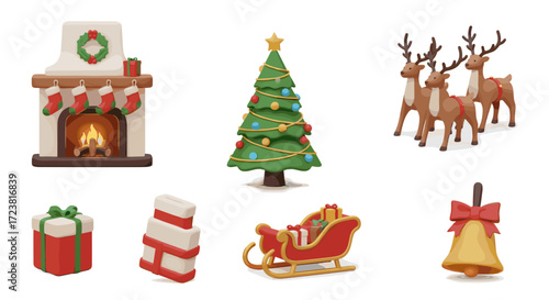 A christmas scene with a fireplace tree reindeer and christmas presents