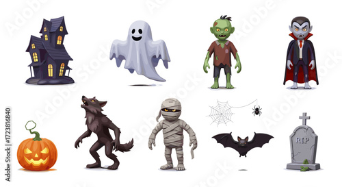 Collection of halloween themed characters and objects on white background