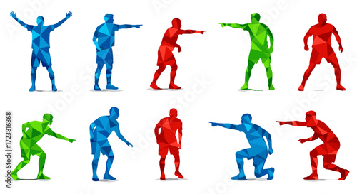 Abstract polygonal figures in various poses and colors on white background