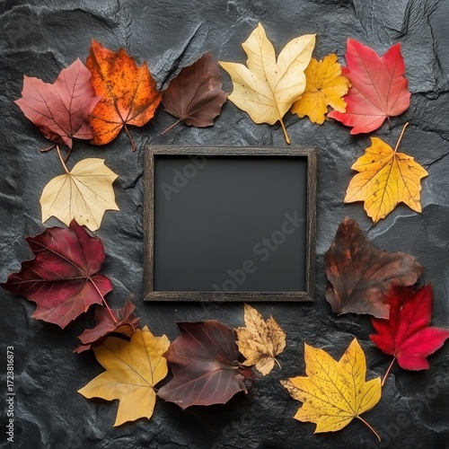 Colorful Autumn Leaves Framed Around a Blank Space on Textured Black Surface ...