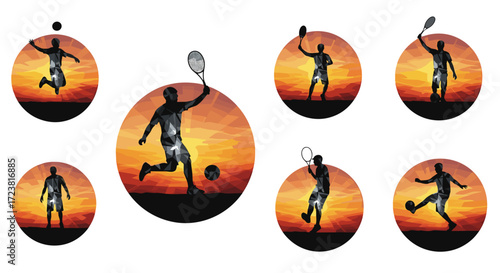 Silhouetted athletes playing tennis and soccer against a sunset background