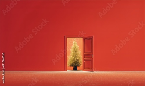 Bright Red Room With an Open Door Revealing a Decorated Christmas Tree on Dis...