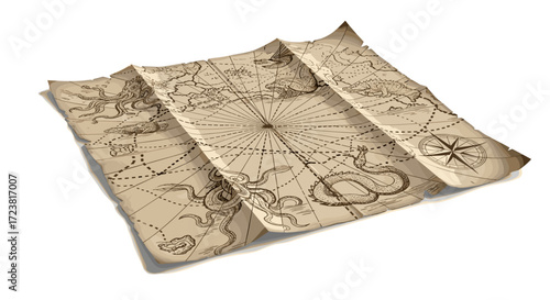 Detailed illustration of a folded treasure map with sea monster drawings