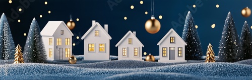 Winter Scene With White Houses and Pine Trees Under a Starry Sky at Night.