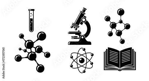 Illustration of science elements including microscope and molecules