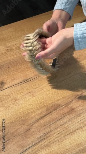A woman reviewing a hair hoop. Braid-style hoop. Vertical video. Oblique Angle.