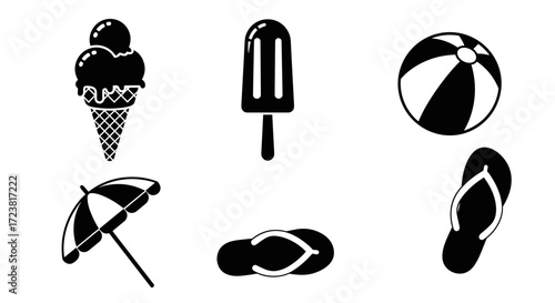 Illustration of beach themed items including ice cream and flip flops