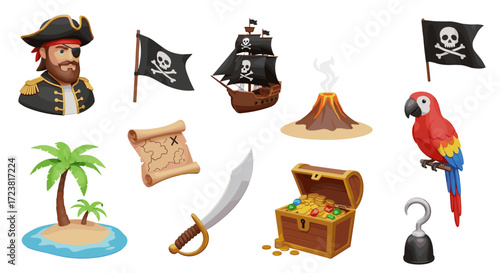 Collection of pirate themed icons including ship island and treasure chest