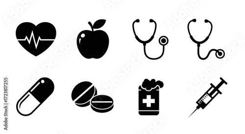 Collection of medical icons including heart beat apple and stethoscope