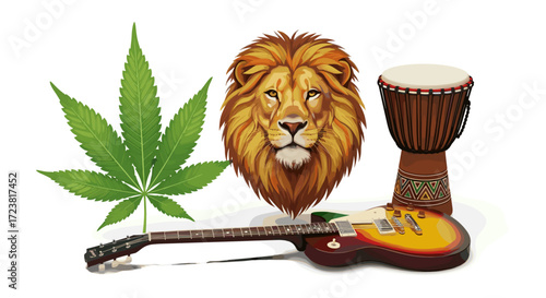 Illustration showing a lion, a drum, a guitar and a cannabis leaf art
