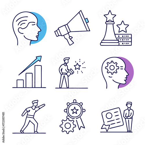Business skills icons showing leadership, success, and personal development