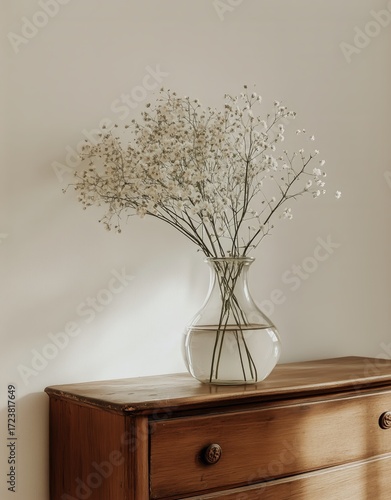 Delicate White Flowers in a Glass Vase Placed on a Wooden Chest in a Bright Room