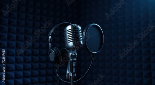 Vintage microphone and headphones in a soundproof recording .