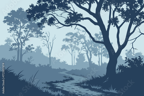Tranquil forest scene with winding path, inviting viewers to escape into nature's embrace and experience serene beauty in a peaceful, misty woodland landscape
