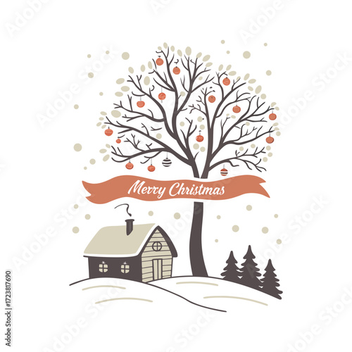 Minimalist Festive Joy Merry Christmas Vector on White Canvas