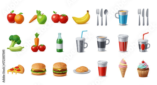 Illustration of assorted food items including fruits drinks and meals