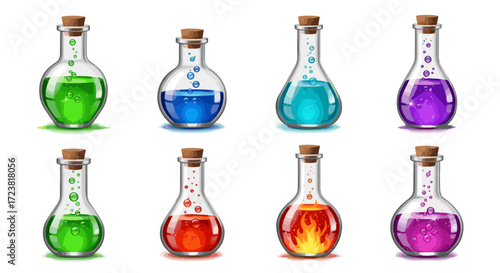 Collection of eight glass potion bottles filled with colorful liquids