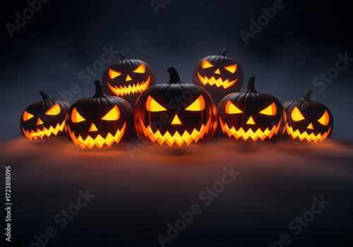 Glowing jack o lanterns with menacing expressions sit in misty, dark setting, creating spooky Halloween atmosphere. eerie lighting enhances festive and mysterious mood