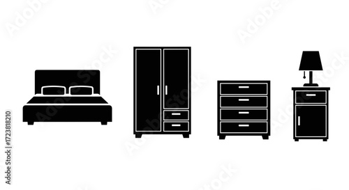 Illustration of a bed wardrobe chest of drawers and bedside table lamp