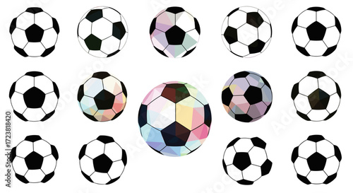 Fifteen stylized soccer balls in varying designs and orientations shown