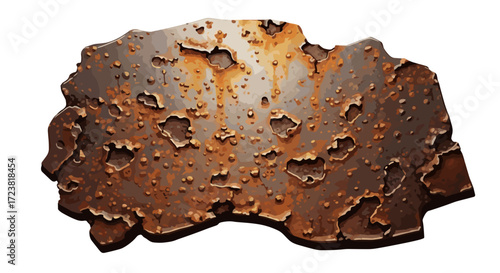 Illustration of a heavily rusted metal plate with many holes and damage