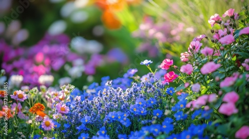 A vibrant and colorful garden filled with blooming flowers in various shades of pink, blue, and orange