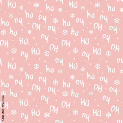 Christmas 'Ho Ho Ho' seamless pattern. Festive holiday lettering background with snowflakes on a pink backdrop for modern gift wrap, fabric, and seasonal decor.