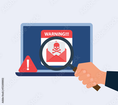 Cybercrime concept design. Human hand with magnifying glass found spam email with skull and cross bones computer virus on laptop computer.