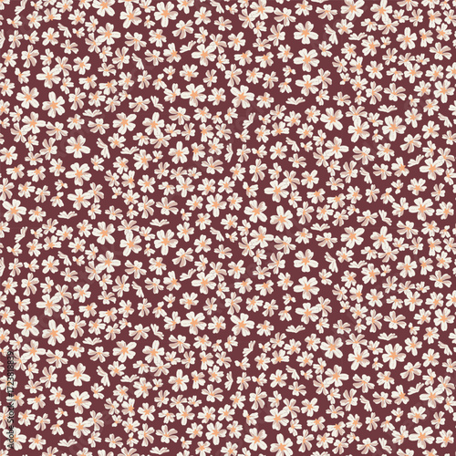 Dense ditsy floral seamless pattern. Tiny white daisies on a dark red burgundy background for rustic autumn fabric, vintage-style wallpaper, and cozy home decor.