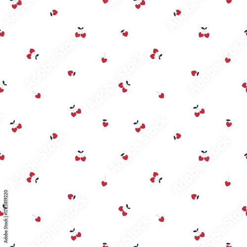 Cute ditsy cherry seamless pattern. Minimalist summer fruit background with tiny red cherries on a white backdrop for chic fabric, stationery, and kids' apparel.