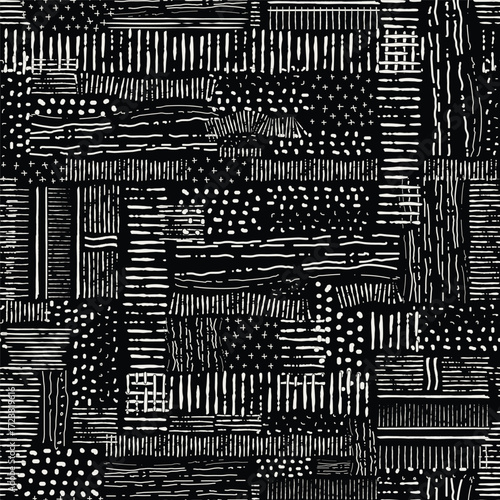 Abstract textured seamless pattern with hand-drawn distressed marks and lines. Modern monochromatic black and white background for grunge fabric and graphic design.